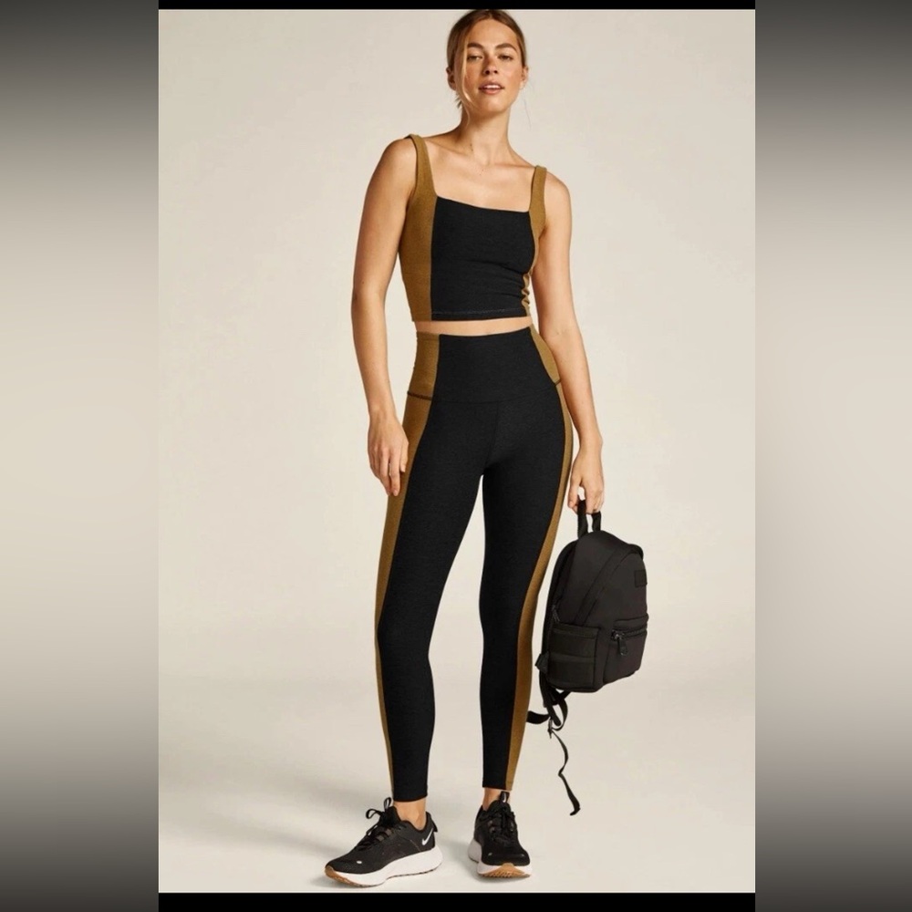 Beyond Yoga Black and Olive Two-Piece Colorblock Legging & Crop Tank Set